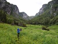 Hiking through magical fields toward the Long Range Mountains